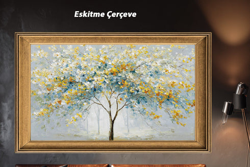 Modern Soyut Ağaç Tablosu Mavi Sarı Yapraklı Kanvas Duvar Dekoru, Salon Yatak Odası Büyük Boy Sanatsal Tablo