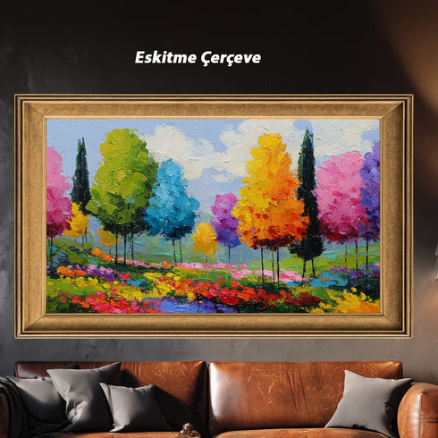 Renkli Ağaçlar Manzara Tablosu Soyut Modern Empresyonist Kanvas Duvar Dekoru Salon Yatak Odası Ofis İçin Büyük Boy Canlı Tasarım