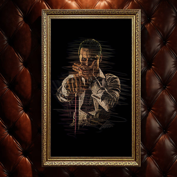 Patrick Bateman American Psycho Scribble Art Kanvas Tablo | Kült Film Karakteri Siyah Zemin Duvar Sanatı | Modern Sinema ve Ofis Dekoru