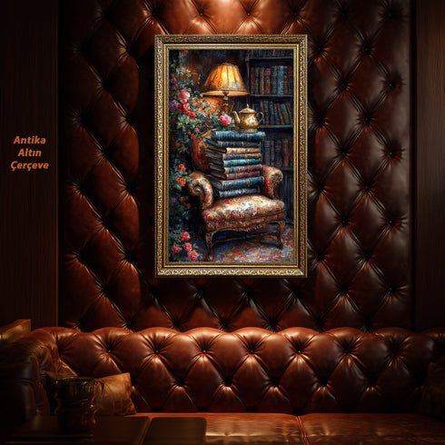 Kitaplarla Dolu Kütüphane Köşesi ve Çaydanlık Sanat Baskısı, Vintage Okuma Atmosferi, Çiçekli Klasik Koltuk ile Nostaljik Duvar Dekoru