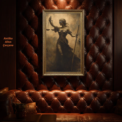 Adalet Tanrıçası Themis Sanat Baskısı, Kör Adalet ve Terazi Sembolüyle Güçlü Mitolojik Figür, Klasik ve Dramatik Duvar Dekoru