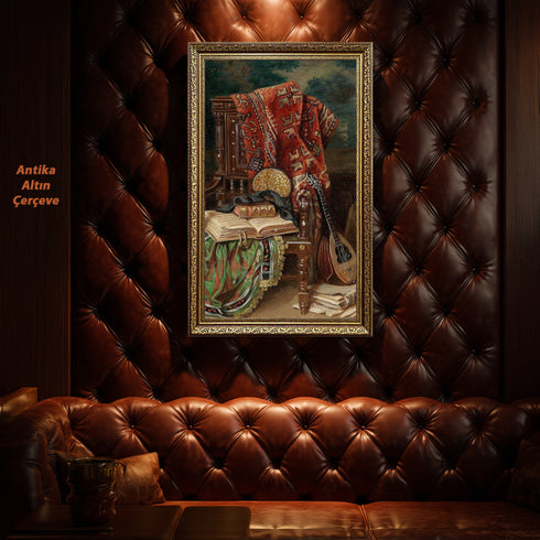 Oryantal Sandalye ve Ud ile Klasik Natürmort Sanat Baskısı, El Yazması Kitaplar ve Kilim Desenleriyle Tarihi Duvar Dekoru