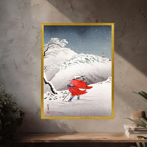 Japanese Woodblock Canvas Art, Winter Snow Landscape, Ukiyo-e Print, Red Kimono Traveler, Traditional Asian Decor, Shin Hanga Style