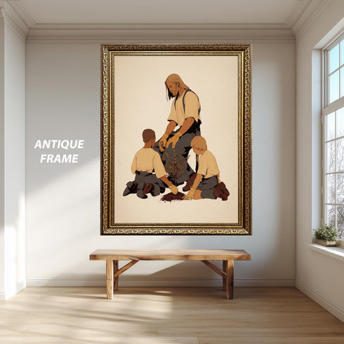 Jesus Gardening with Children Canvas, Carpenter Jesus Art, Christian Boys Room Decor, Faith of Mustard Seed, Religious Nursery