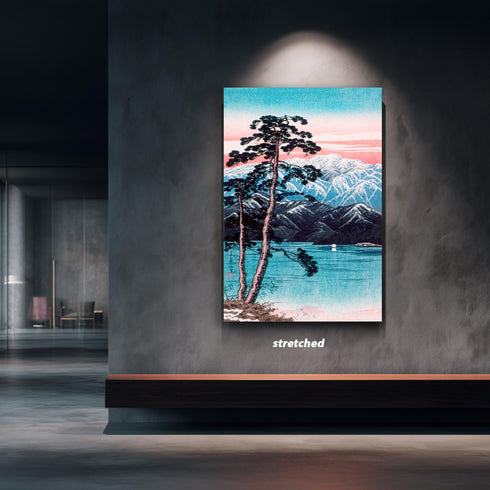 Japanese Woodblock Canvas Art, Mount Fuji Print, Pine Tree Lake Landscape, Pink Sunset Sky, Shin Hanga Style, Asian Wall Decor