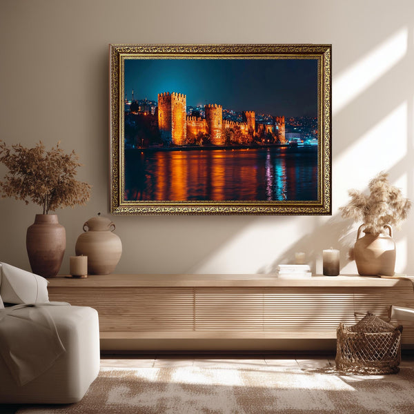 Rumeli Fortress Night Canvas Wall Art, Illuminated Istanbul Castle Print, Bosphorus Evening Landscape Decor for Elegant Interiors