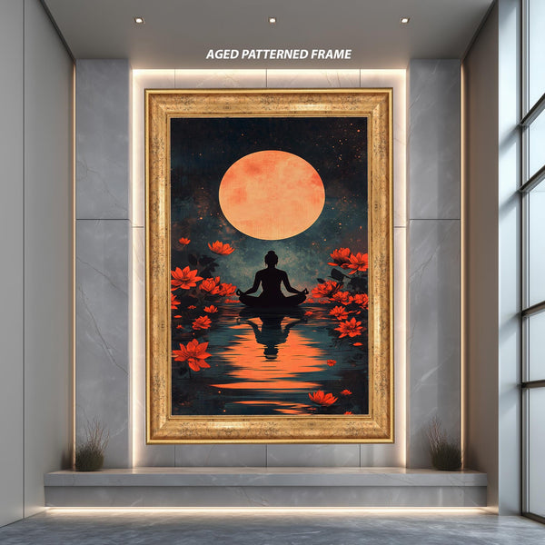 Meditation Wall Art Print with Lotus Flowers and Full Moon, Spiritual Zen Poster, Yoga Mindfulness Artwork for Calm Room Decor