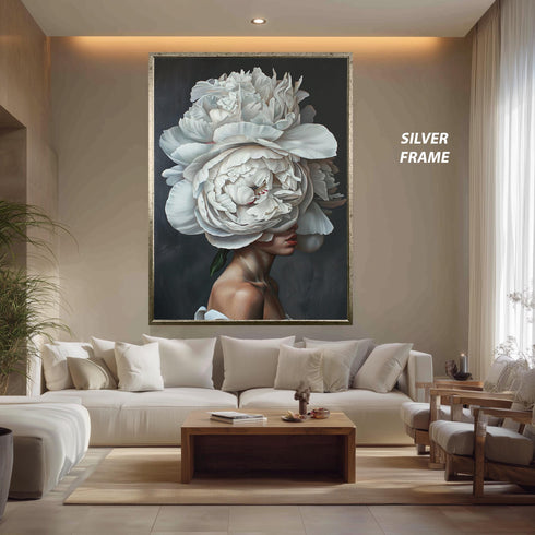 Floral Woman Portrait Wall Art, Surreal White Peony Head Artwork, Modern Botanical Female Print for Elegant Home Decor