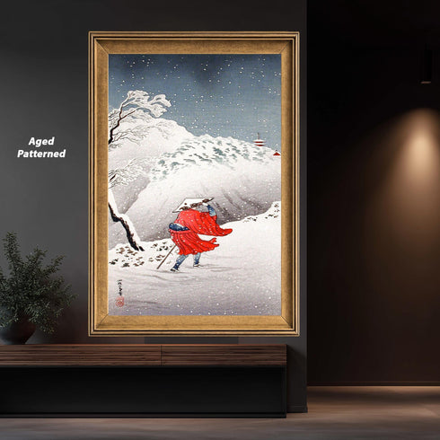 Japanese Woodblock Canvas Art, Winter Snow Landscape, Ukiyo-e Print, Red Kimono Traveler, Traditional Asian Decor, Shin Hanga Style