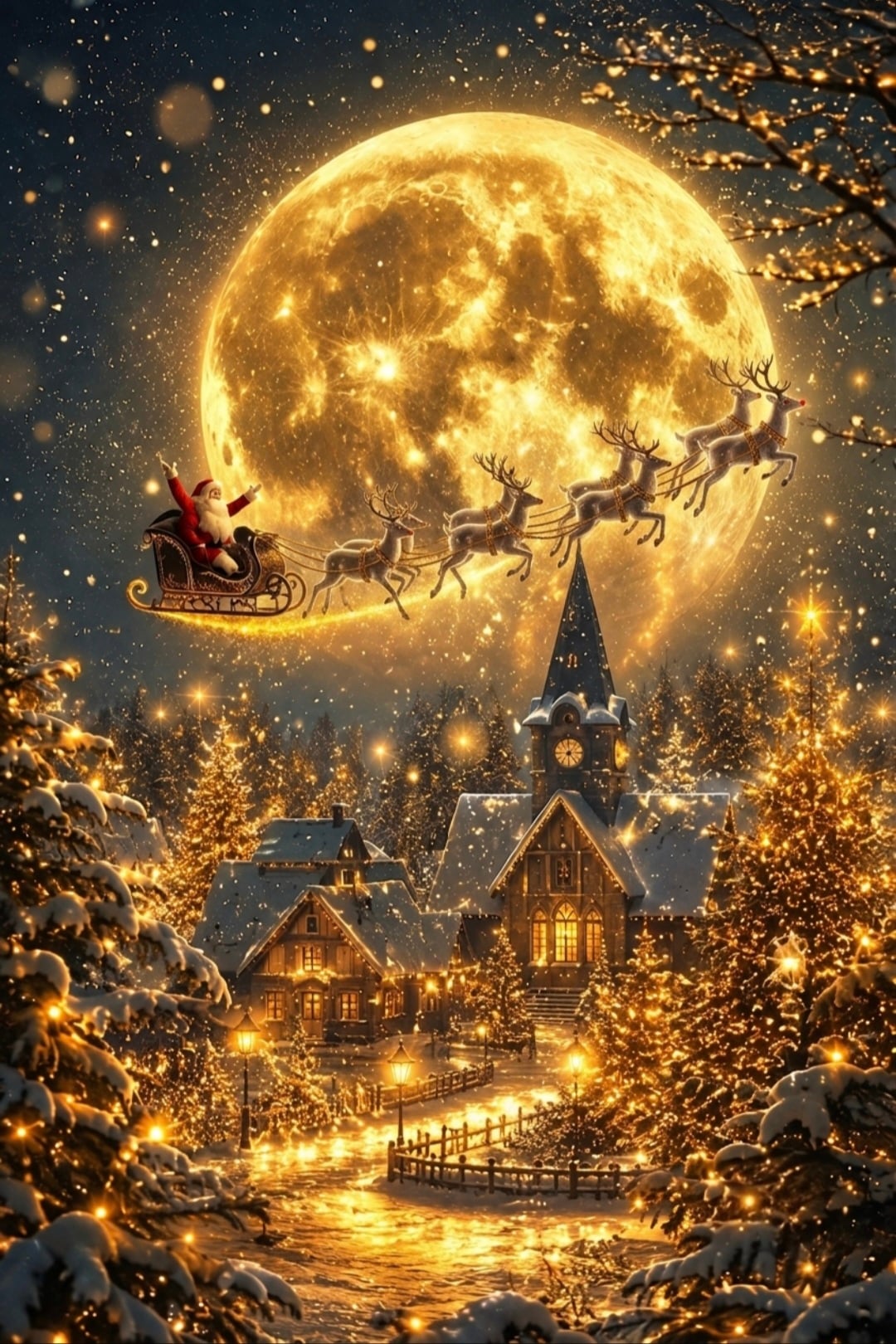 Ay Işığında Noel Baba Kızağı Kış Manzarası Kanvas Tablo