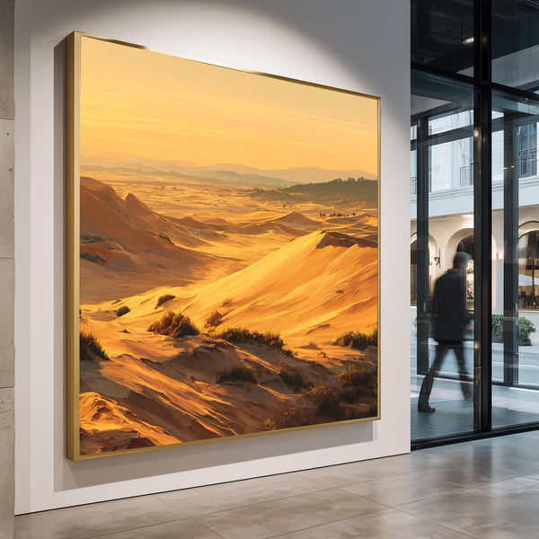 Sahara Desert Canvas Wall Art, Golden Sunset Sand Dunes Print, Large Landscape Print, Warm Orange Boho Decor, Camel Caravan Art
