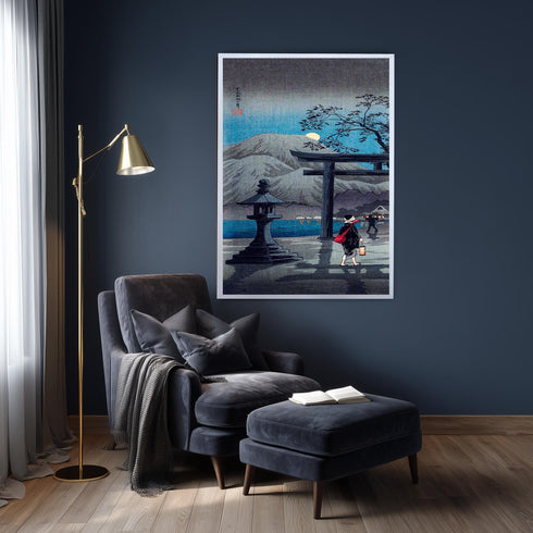 Japanese Torii Gate Canvas Art, Full Moon Night Landscape, Stone Lantern Print, Blue Woodblock Style, Zen Garden Decor, Shin Hanga