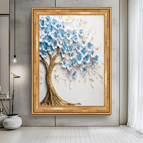 3D Blue Flower Tree Canvas Art, Hand-Painted Textured Wall Art, Elegant Floral Artwork for Bedroom, Modern Nature-Inspired Home Decor