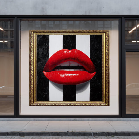 Red Lips Wall Art 3D Pop Art Style Painting with Striped Background Modern Lip Sculpture for Bold Home Decor Statement Accent Piece