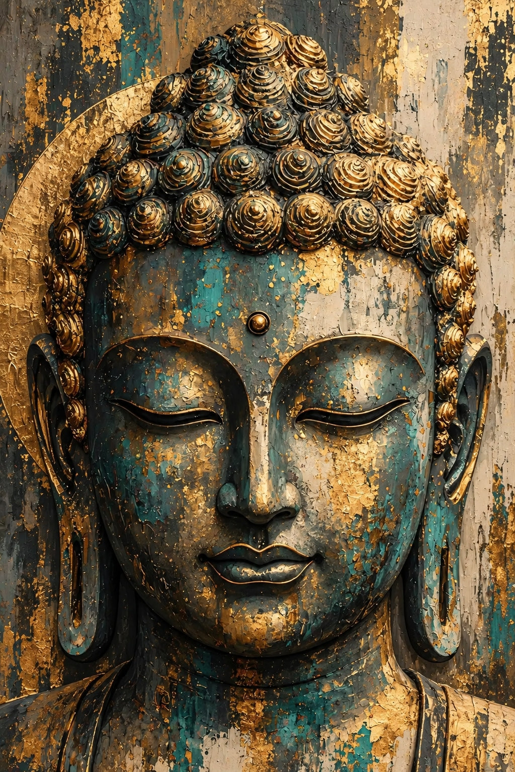 Meditasyon Halinde Buda Yüzü Bronz Bohem Kanvas Tablo
