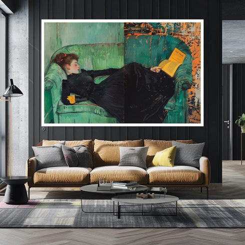 Vintage Klasik Kitap Okuyan Kadın Tablo