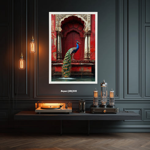 Kırmızı Oryantal Kapı ve Tavus Kuşu Sanat Baskısı, Doğu Mimarisi ve Zarif Detaylarla Egzotik Duvar Dekoru Tablo