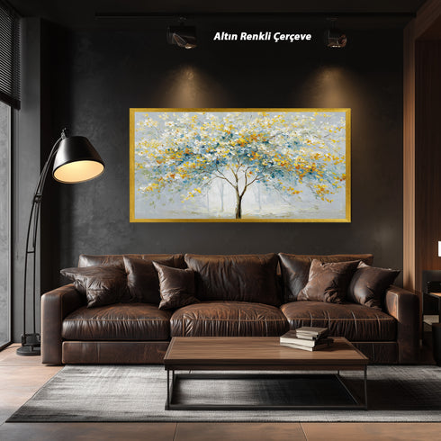 Modern Soyut Ağaç Tablosu Mavi Sarı Yapraklı Kanvas Duvar Dekoru, Salon Yatak Odası Büyük Boy Sanatsal Tablo