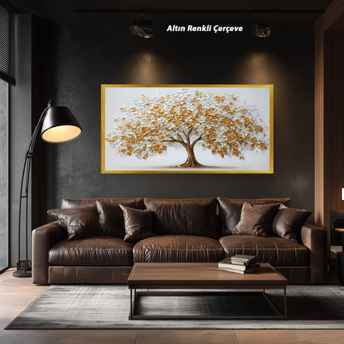 Altın ve Beyaz Çiçekli Hayat Ağacı Tablosu Kabartmalı Lüks Modern Kanvas Duvar Dekoru Salon Yatak Odası İçin Büyük Boy Tasarım