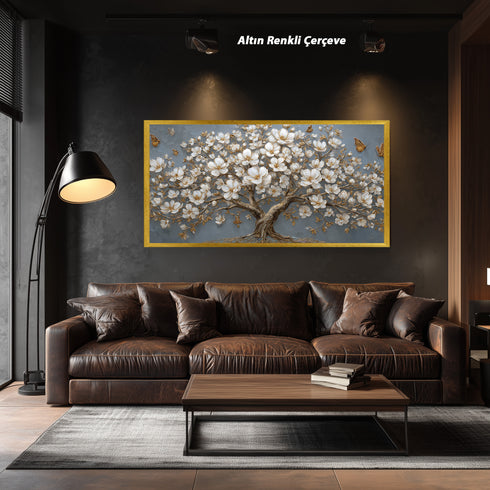 Altın Detaylı Beyaz Çiçekli Ağaç Tablosu Kelebekli Modern Kanvas Duvar Dekoru, Dokulu Salon Yatak Odası Büyük Boy Tablo