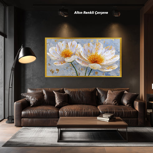 Altın Varaklı Beyaz Çiçekler Tablosu Modern Soyut Kanvas Duvar Dekoru Salon Yatak Odası İçin Büyük Boy Lüks Çiçek Tablo
