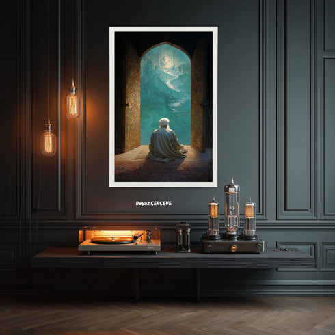 Kapıdan Camiye Bakan Derviş Kanvas Tablo – Manevi Yolculuk Temalı İslami Duvar Dekoru, Dini ve Huzur Veren Salon Tablosu