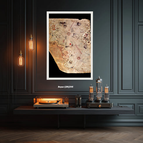 Piri Reis Tarihi Deniz Haritası ve Keşif Roteleri, Antik Kartografya Detaylarıyla Oryantal ve Nostaljik Dünya Haritası Sanat Eseri