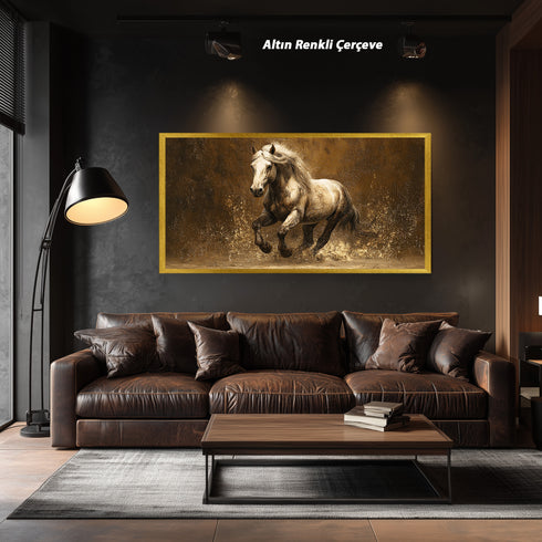 Koşan Beyaz At Tablosu Altın Tonlu Arka Planlı Modern Kanvas Duvar Dekoru, Salon Ofis İçin Büyük Boy At Figürlü Tablo