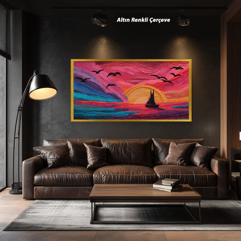 Kızıl Gün Batımı ve Yelkenli Tablosu Soyut Deniz Manzarası Modern Kanvas Duvar Dekoru Salon Ofis Yatak Odası İçin Büyük Boy Sanatsal Tasarım