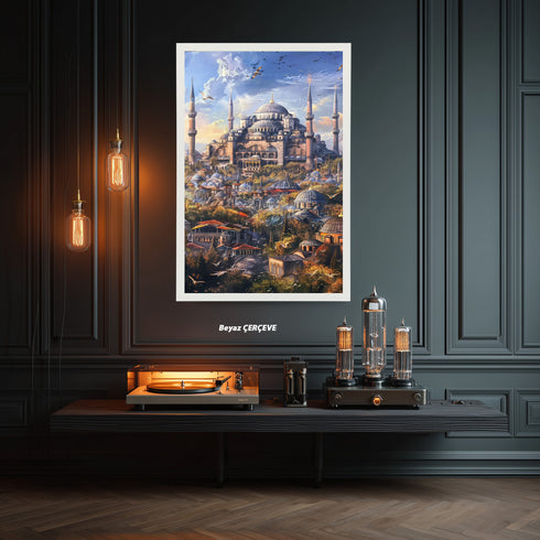 Ayasofya ve Tarihi İstanbul Silüeti Sanat Baskısı, Kubbe ve Minarelerle Osmanlı Mimarisi, Masalsı Şehir Manzarası Duvar Dekoru