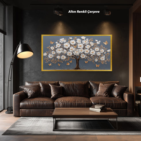 Beyaz Çiçekli Ağaç Tablosu Altın Yapraklı Kelebekli Kanvas Duvar Dekoru, Modern Dokulu Salon Yatak Odası Tablo