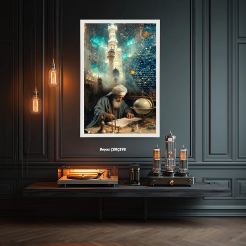 İslam Alimi ve Astronomi Çalışması Kanvas Tablo – Bilim ve İlim Temalı İslami Duvar Dekoru, Dini ve Manevi Sanat Eseri