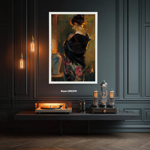 Arkadan Görünümlü Zarif Kadın Portresi, Duygusal Derinlik ve Dramatik Işıkla Yorumlanmış Modern ve Estetik Sanat Tablosu