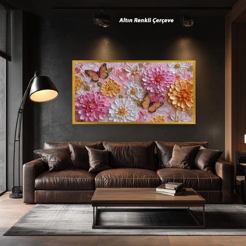 Pembe Zeminli Renkli Çiçekler ve Turuncu Kelebekler Tablosu Romantik Modern Kanvas Duvar Dekoru Salon Yatak Odası İçin Şık Tasarım