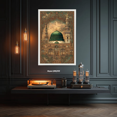 Mescid-i Nebevi Yeşil Kubbe Osmanlı Desenli Kanvas Tablo – İslami Sanat Motifli Dini Duvar Dekoru, Medine Temalı Salon Tablosu