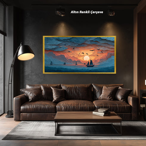 Bulutlar Arasında Gün Batımı ve Yelkenli Tablosu Soyut Deniz Manzarası Modern Kanvas Duvar Dekoru Salon Ofis Yatak Odası İçin Büyük Boy Sanatsal Tasarım