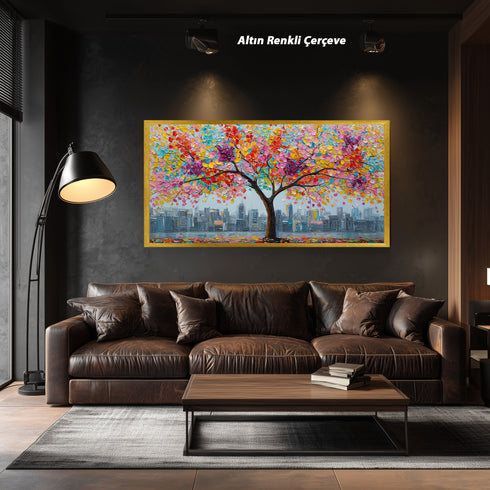 Renkli Çiçekli Ağaç ve Şehir Manzarası Tablosu Modern Soyut Kanvas Duvar Dekoru, Salon Ofis İçin Büyük Boy Sanatsal Tablo