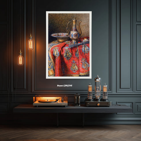 Eskitilmiş Çerçeveli Oryantal Natürmort Sanat Tablosu Poster, Osmanlı İbriği ve İşlemeli Kumaş Detaylı Klasik Duvar Sanatı