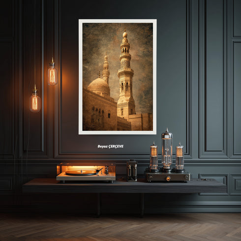 Tarihi Cami Minaresi ve Kubbe Kanvas Tablo – Osmanlı Mimari Temalı İslami Duvar Dekoru, Dini ve Klasik Salon Tablosu