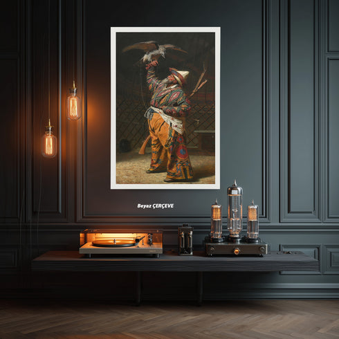 Oryantal Avcı Figürü Sanat Tablosu Poster, Şahinli Osmanlı Av Sahnesi ile Geleneksel Doğu Temalı Klasik Duvar Sanatı Baskısı