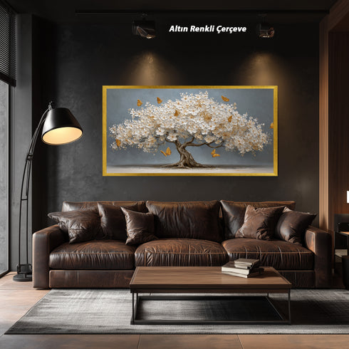 Beyaz Çiçekli Ağaç ve Altın Kelebekler Kanvas Tablo, Modern Çiçekli Duvar Dekoru, Salon ve Ofis için Şık Dekoratif Baskı Ev Hediyesi