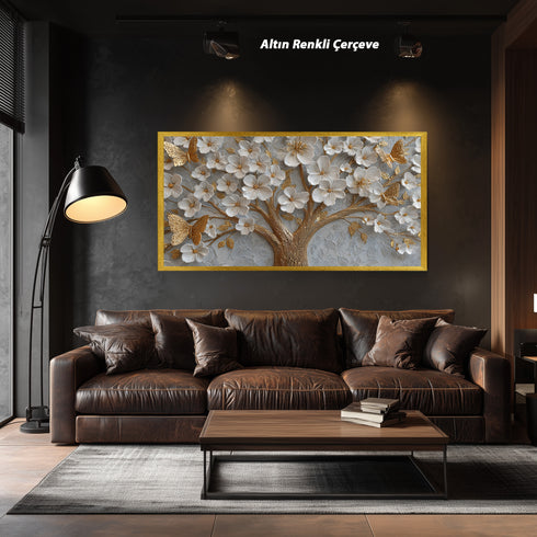 Altın Kelebekli Beyaz Çiçekli Ağaç Tablosu Kabartmalı Lüks Modern Kanvas Duvar Dekoru, Salon Yatak Odası İçin Şık Tablo