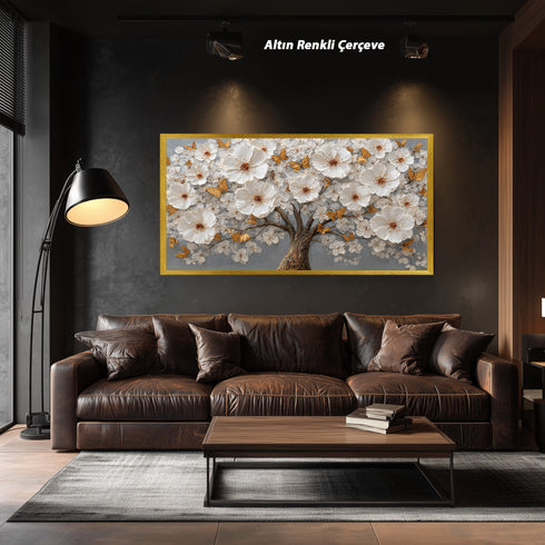 Altın Kelebekli Beyaz Çiçekli Ağaç Tablosu Kabartmalı Lüks Modern Kanvas Duvar Dekoru Salon ve Oturma Odası İçin Şık Tasarım