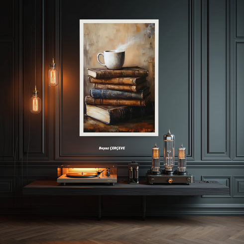 Buharlı Kahve Fincanı ve Eski Kitaplar, Sıcak ve Huzurlu Atmosferli Nostaljik Okuma Köşesi Temalı Sanat Tablosu