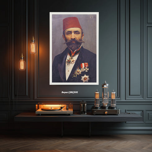 Osmanlı Paşası Portre Sanat Tablosu Poster, Fesli ve Nişanlı Erkek Figürü ile Klasik Tarihi Duvar Sanatı Dekoratif Baskı