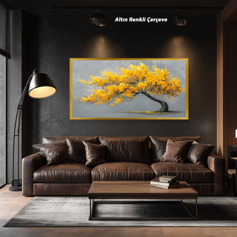 Sarı Yapraklı Rüzgarlı Ağaç Tablosu Modern Minimalist Kanvas Duvar Dekoru Salon Ofis Yatak Odası İçin Büyük Boy Soyut Tasarım