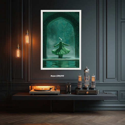 Semazen ve Tasavvuf Temalı İslami Kanvas Tablo – Yeşil Tonlu Manevi Atmosferli Dini Duvar Dekoru, Mevlevi Sanat Eseri