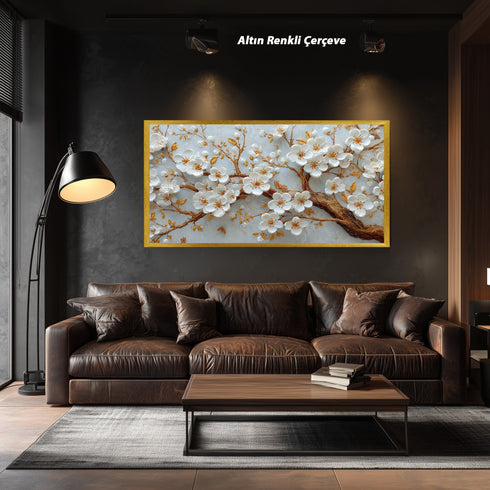 Altın Dallı Beyaz Çiçekli Ağaç Dalı Tablosu Kabartmalı Lüks Modern Kanvas Duvar Dekoru Salon Yatak Odası İçin Şık Tasarım