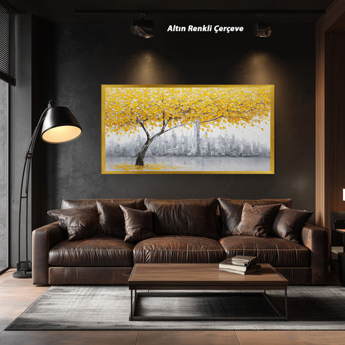 Sarı Yapraklı Ağaç ve Gri Şehir Manzarası Tablosu Modern Soyut Kanvas Duvar Dekoru Salon Ofis İçin Büyük Boy Tas