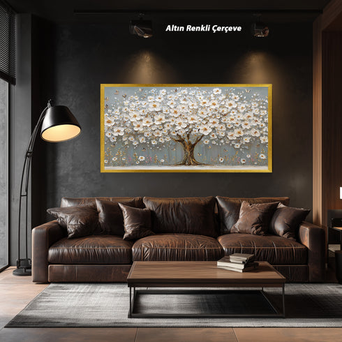 Beyaz Çiçekli Ağaç Kanvas Tablo Altın Detaylı Kelebekli Duvar Dekoru, Modern Dokulu Salon Yatak Odası Büyük Boy Tablo